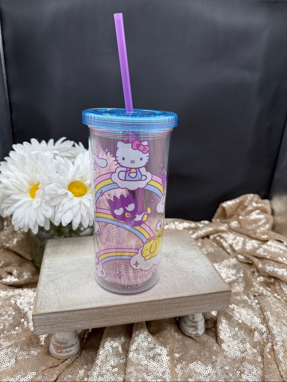 Sanrio Hello Kitty Purple & Blue Rainbow 20 oz Tumbler with Straw NEW